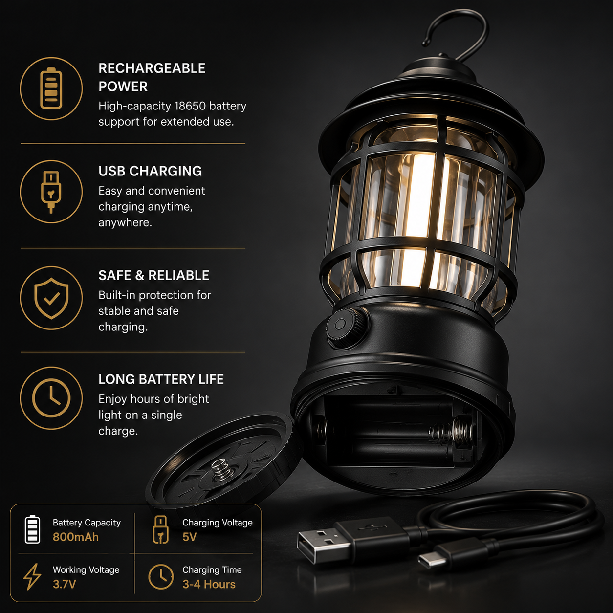 Rechargeable LED camping lantern showing 18650 battery support, USB charging, long battery life features and durable outdoor lighting design.