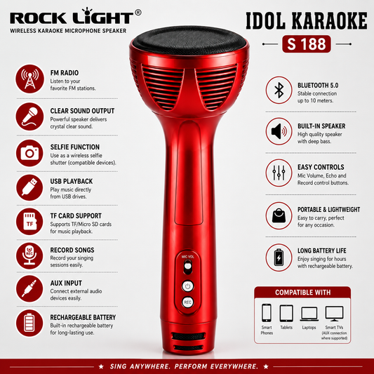 Red wireless karaoke microphone speaker with Bluetooth, built-in speaker