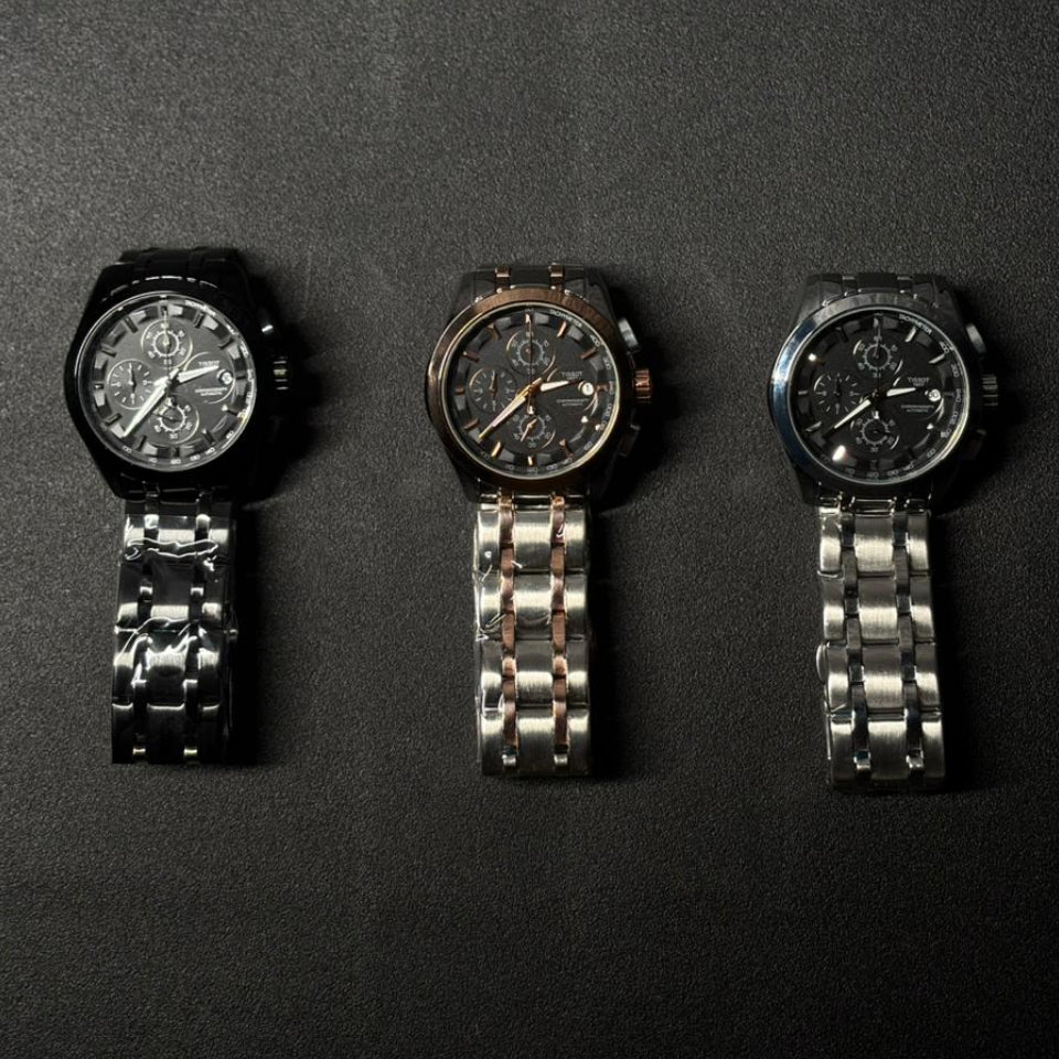 Replica luxury watches collection featuring black, silver and rose gold stainless steel chronograph-style wristwatches for men displayed on dark background