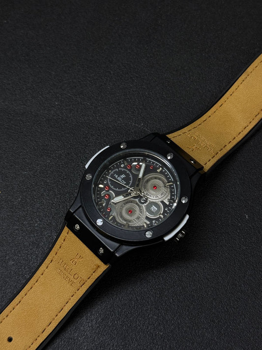 Premium replica watch featuring black case, skeleton-style dial, visible mechanical-inspired gears, tan leather strap, luxury men's wristwatch close-up