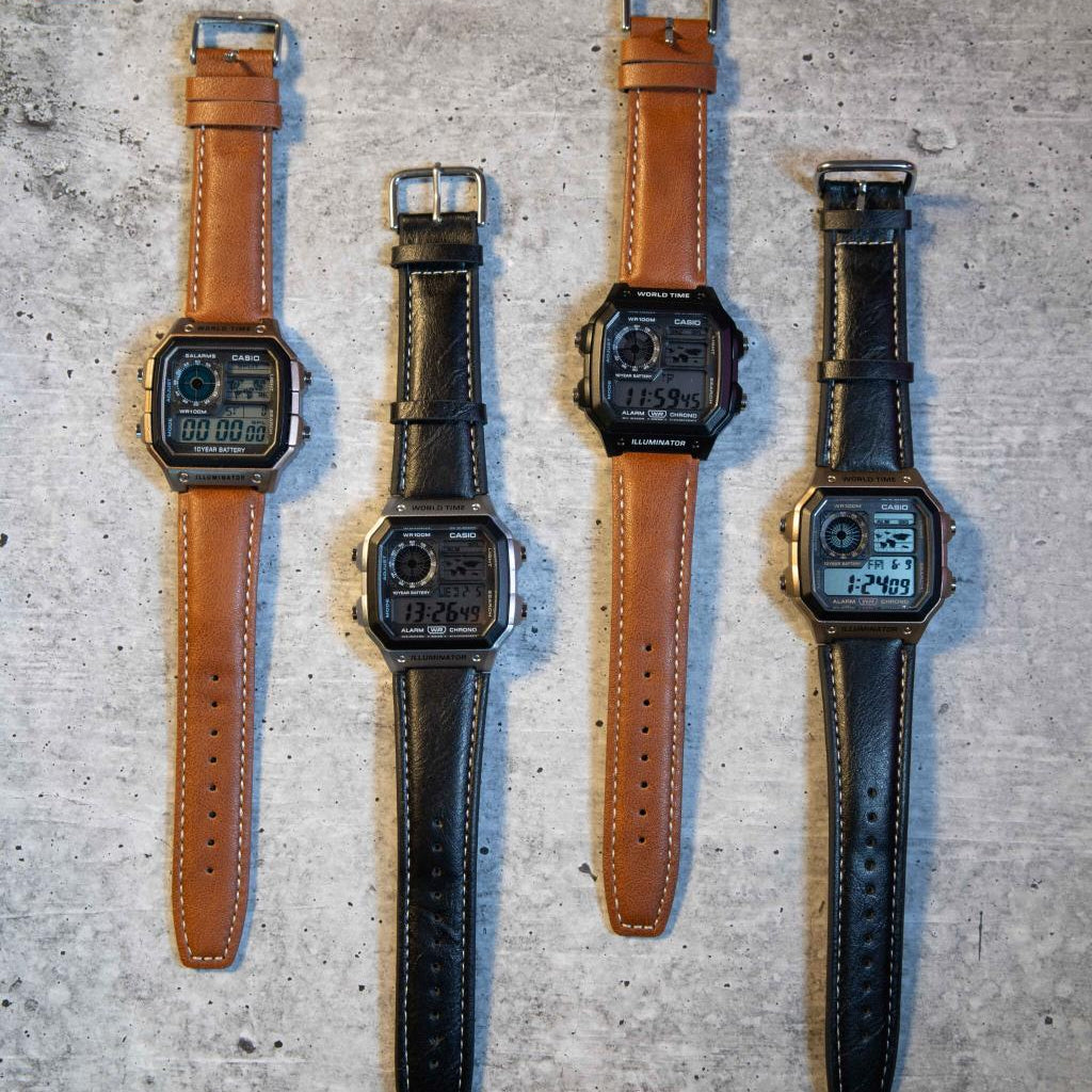 Leather Strap Digital World Time Watch | Modern Design for Global Travel