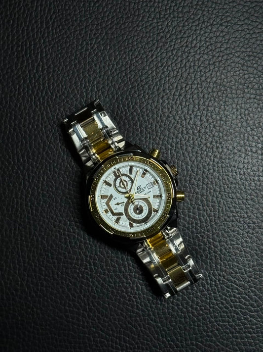 Luxury gold and silver replica watch with white chronograph dial, stainless steel bracelet and date display on black background