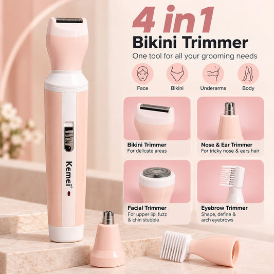 Kemei 4-in-1 women’s bikini trimmer with interchangeable grooming attachments