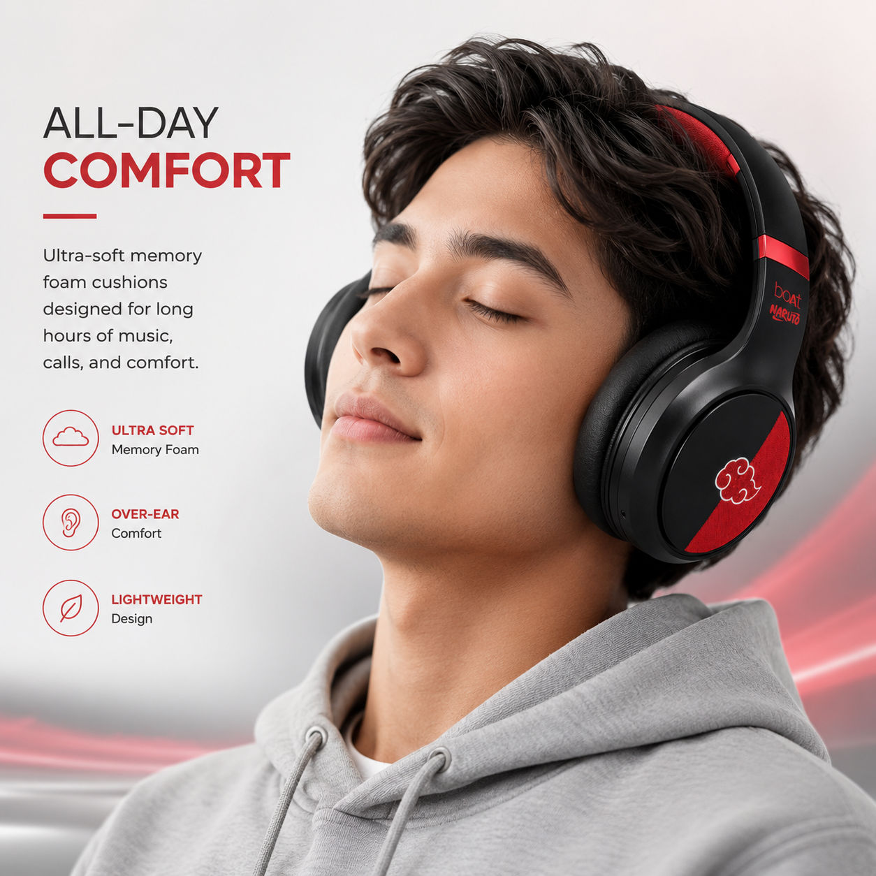 Young man wearing Naruto Edition wireless over-ear headphones with ultra-soft memory foam ear cushions, highlighting all-day comfort, lightweight design, and immersive listening experience for music, gaming, and everyday use.