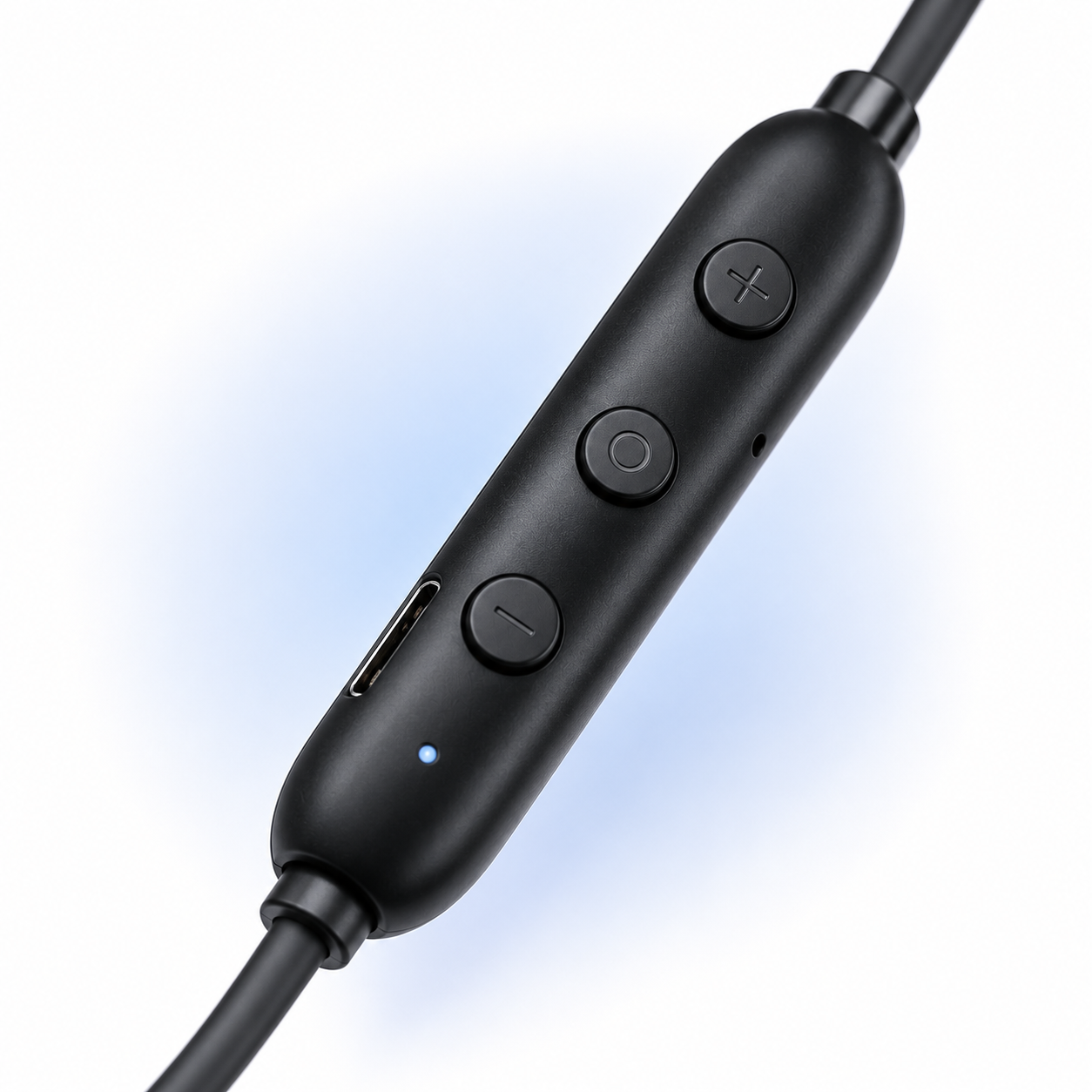 Close-up of the wireless neckband inline control module with volume buttons, multifunction button, LED indicator, built-in microphone and USB Type-C charging port for convenient music and call control.
