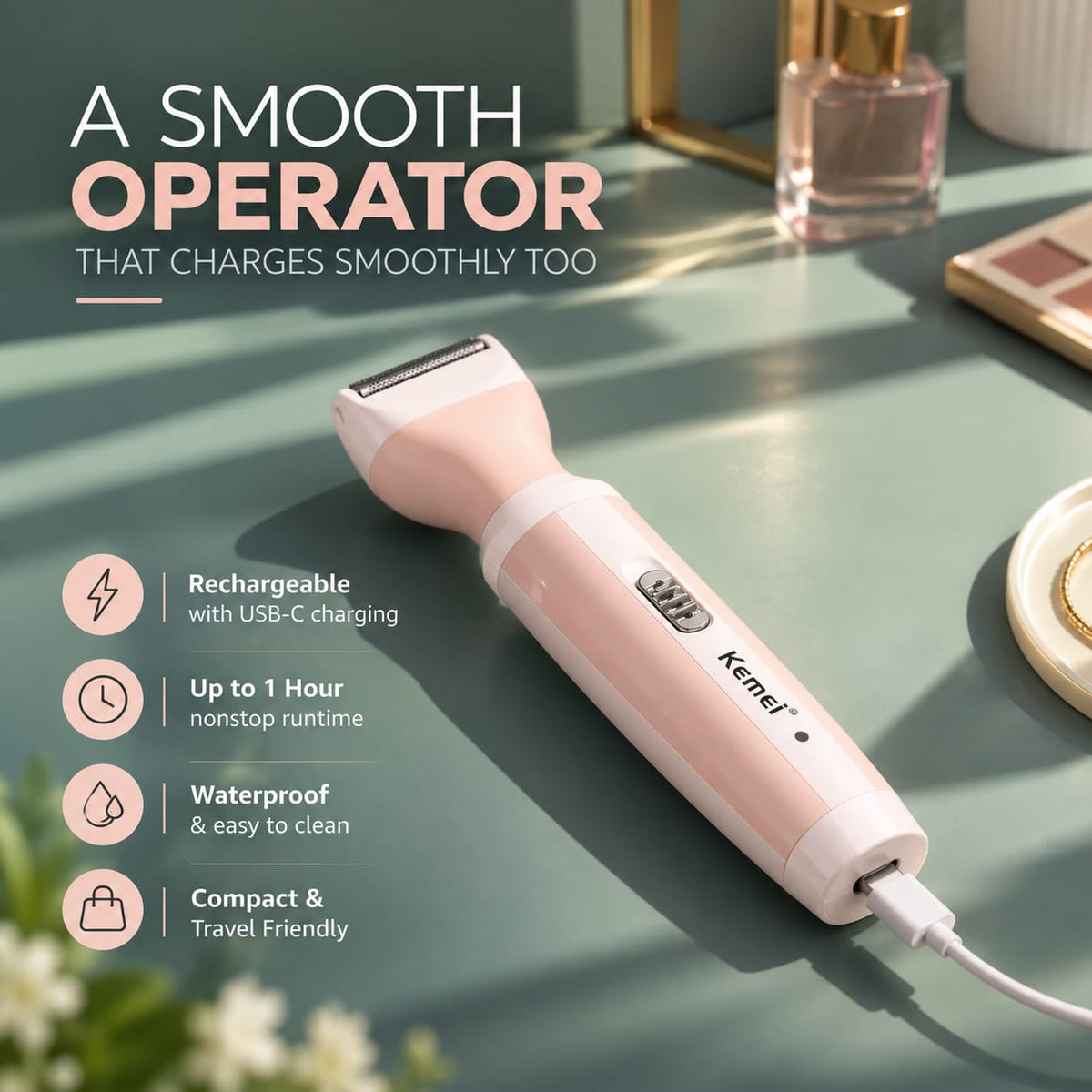 Kemei rechargeable women’s electric trimmer with USB charging and cordless operation