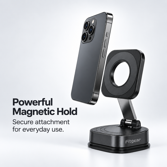Black magnetic mobile stand securely holding a smartphone with a powerful magnetic attachment
