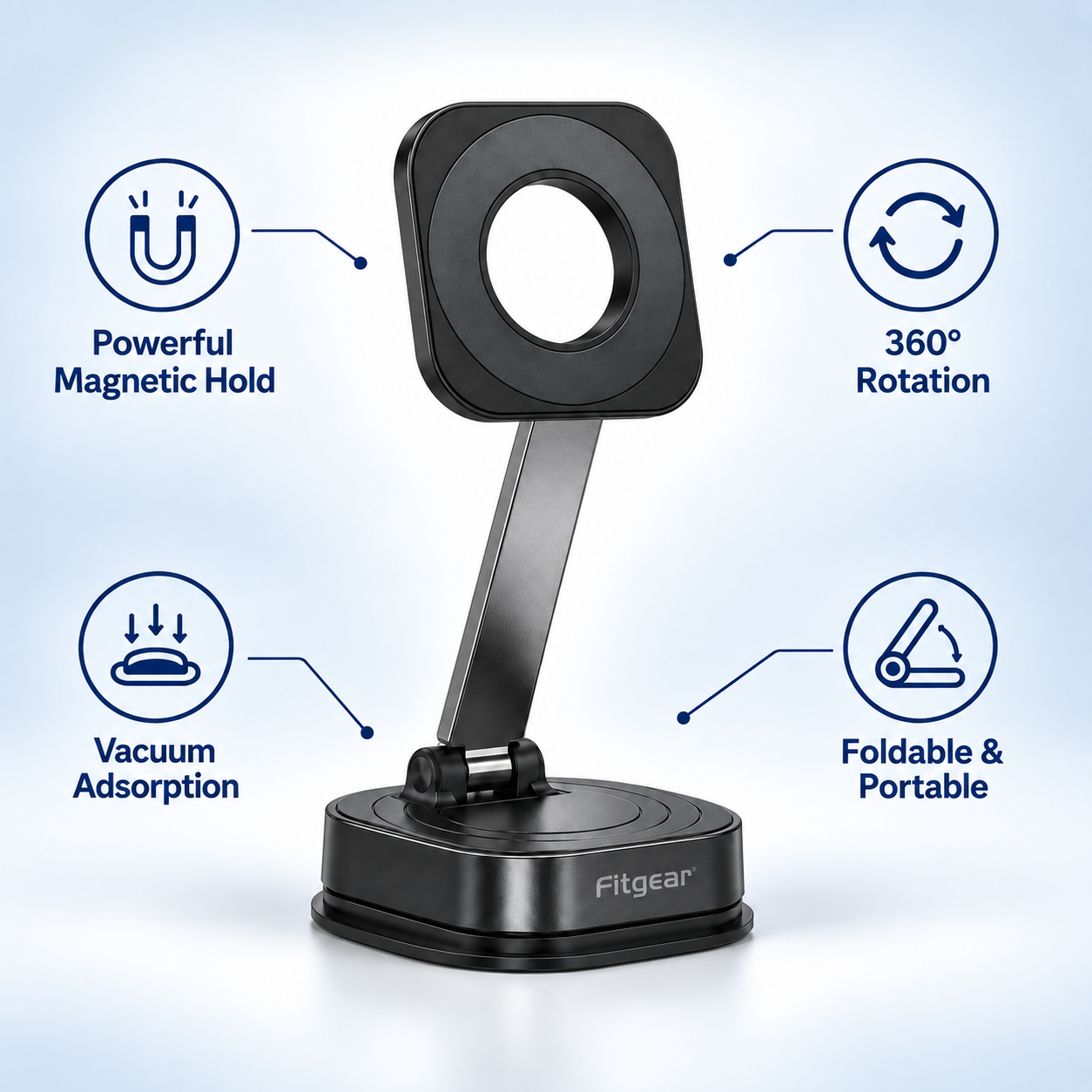Foldable magnetic phone stand with vacuum adsorption, 360-degree rotation and strong magnetic hold