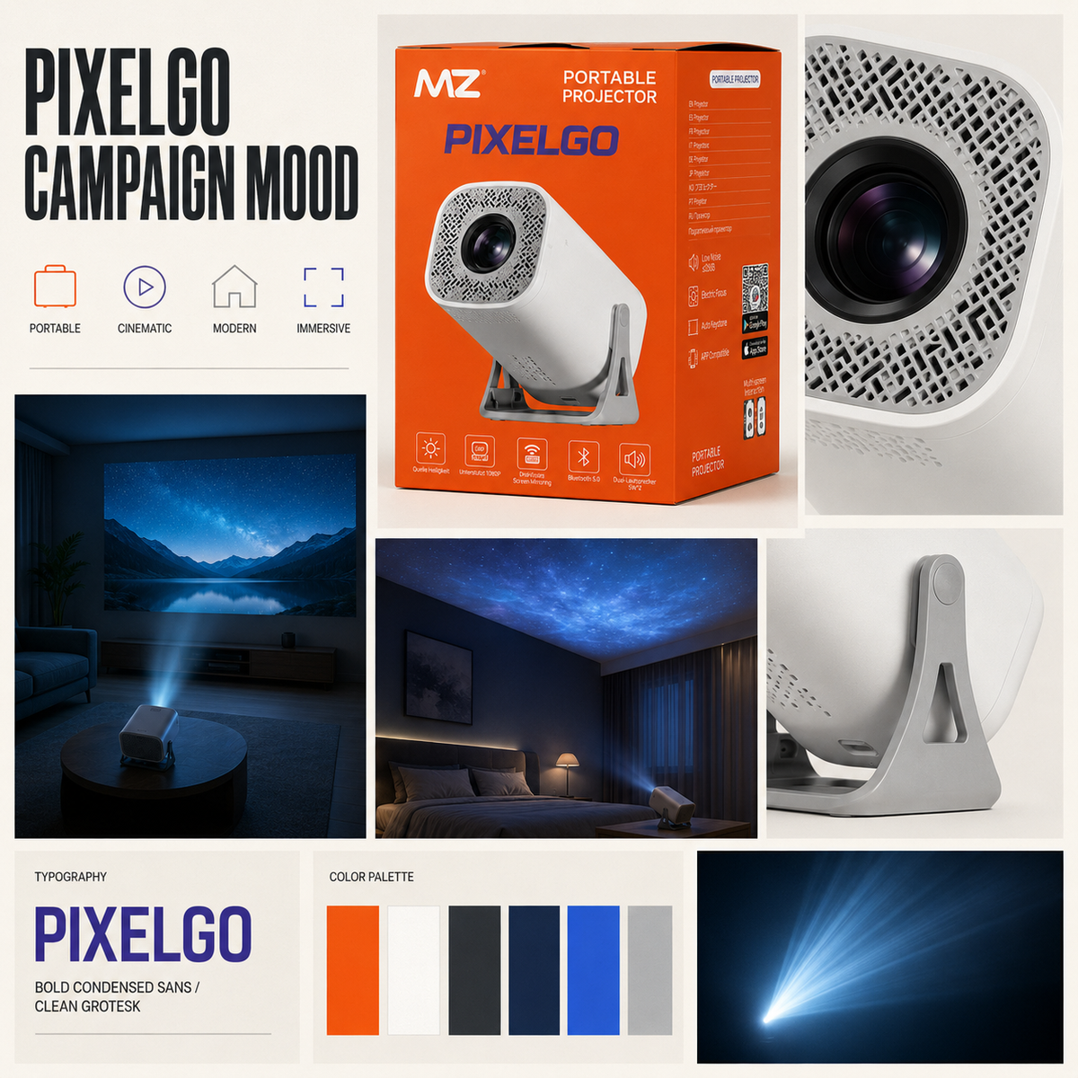 MZ PixelGo portable projector mood board featuring product packaging, lens details, rotating stand and home cinema projection scenes.