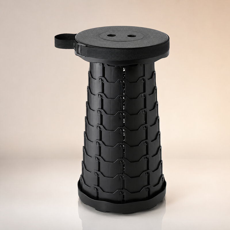 Foldable telescoping stool portable outdoor camping seat with compact carry strap design