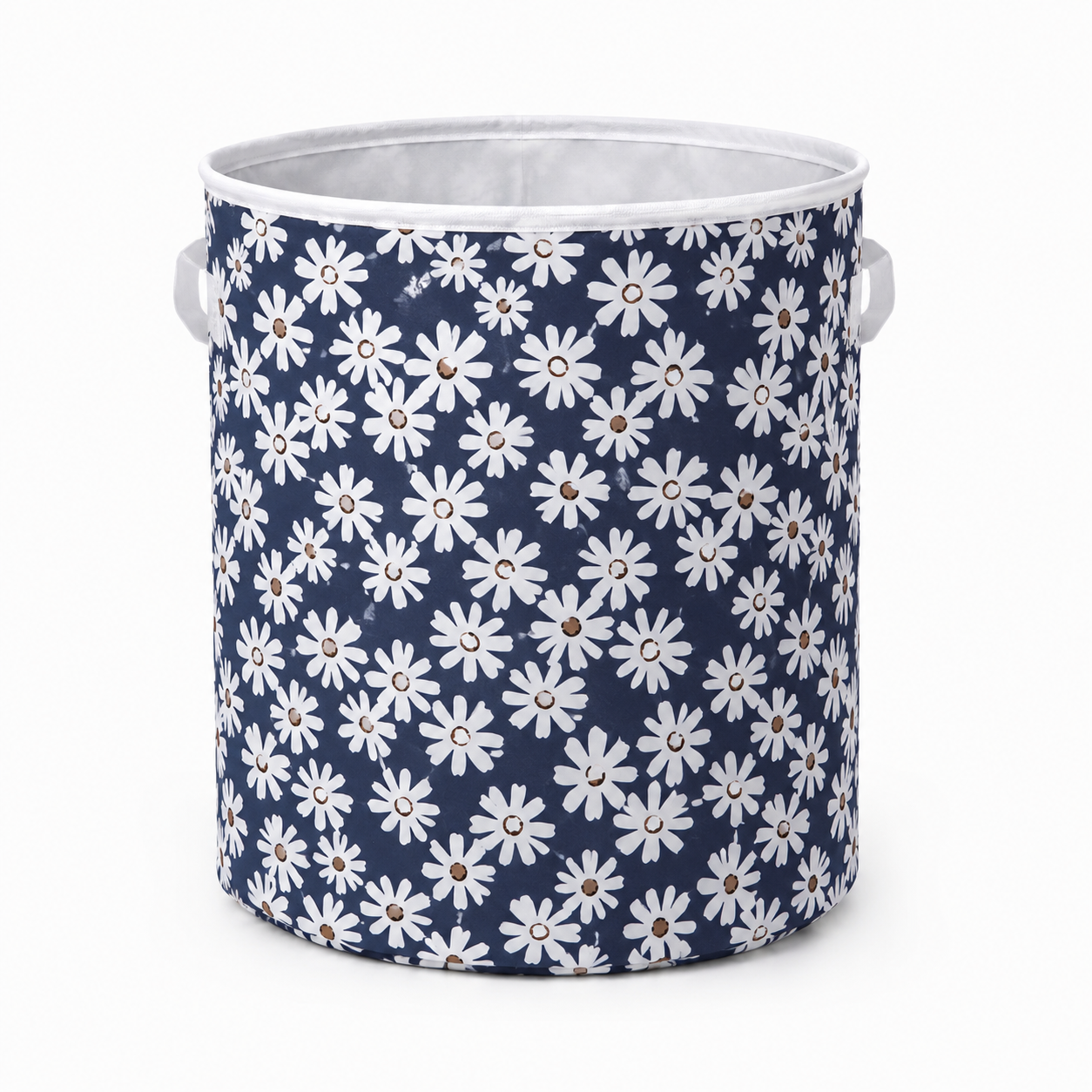 Blue floral round fabric laundry basket with white daisy pattern, ideal for clothes storage and home organisation.