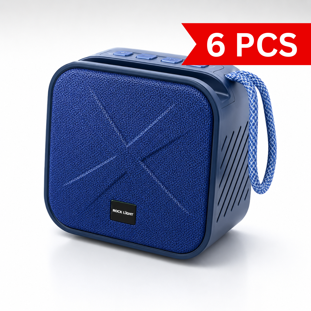 Portable Bluetooth wireless speaker in blue color with textured fabric front grille, integrated carry strap, top-mounted control buttons, compact square design, and modern portable audio styling