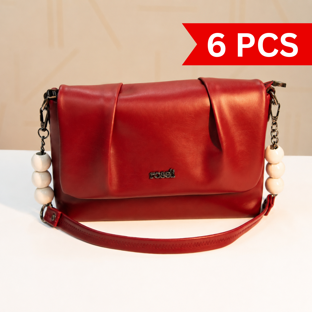 Front view of a premium red women's shoulder bag with a pleated flap design, decorative white beaded chain handles, structured silhouette, and adjustable crossbody strap.