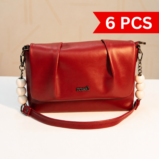 Front view of a premium red women's shoulder bag with a pleated flap design, decorative white beaded chain handles, structured silhouette, and adjustable crossbody strap.