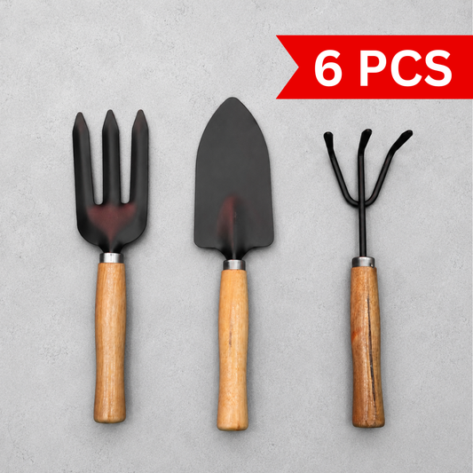 3-in-1 Home Gardening Tools Set with hand trowel, cultivator fork and garden rake featuring durable black metal heads and wooden handles