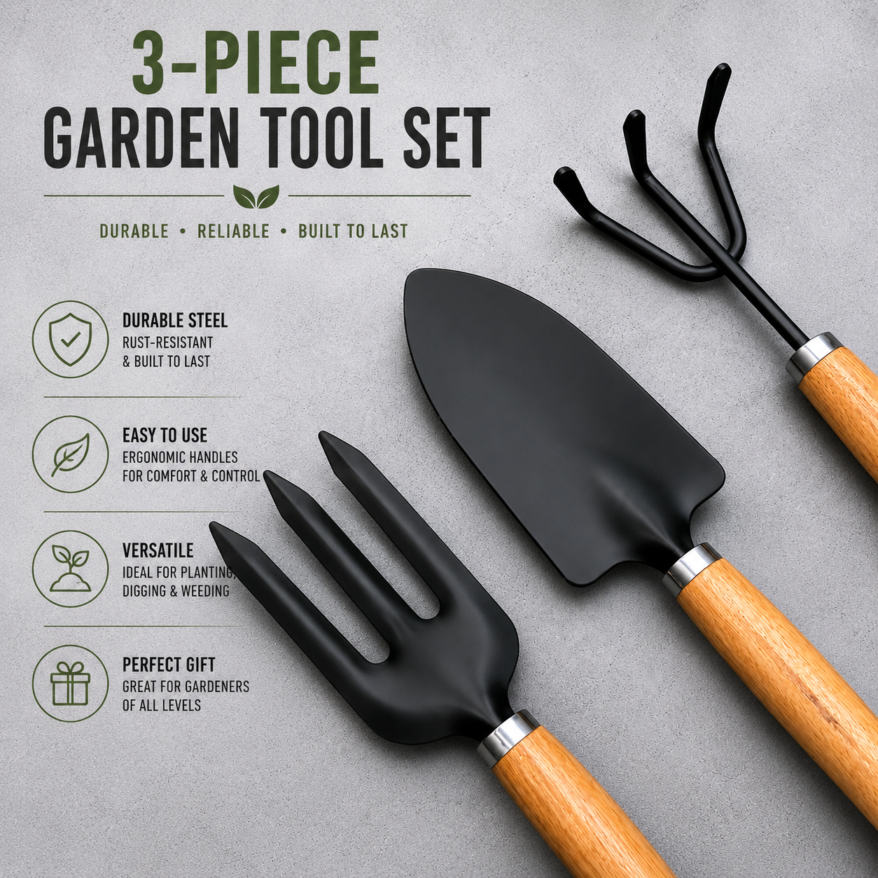 3-in-1 Home Gardening Tools Set including hand trowel, cultivator fork and hand rake for planting, weeding and soil cultivation