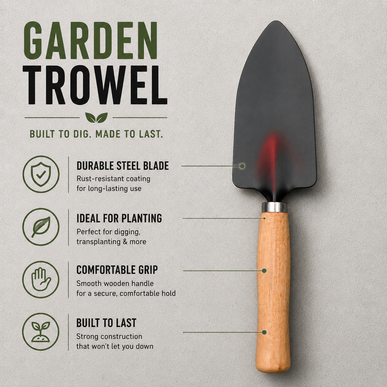 3-in-1 Home Gardening Tools Set garden trowel with wooden handle for digging, transplanting and planting in pots, grow bags and garden beds