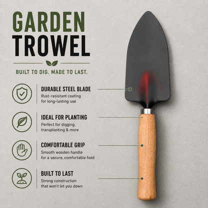 3-in-1 Home Gardening Tools Set garden trowel with wooden handle for digging, transplanting and planting in pots, grow bags and garden beds