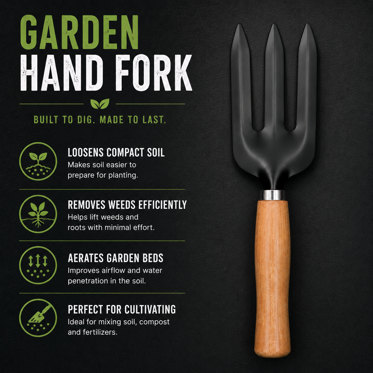 3-in-1 Home Gardening Tools Set garden hand fork with wooden handle for aerating soil, cultivating garden beds and mixing compost