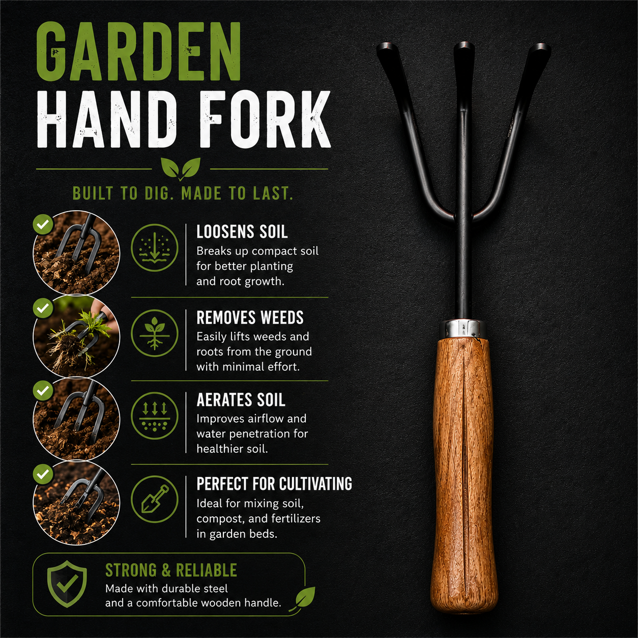 3-in-1 Home Gardening Tools Set hand cultivator fork for loosening soil, removing weeds and improving root growth in home gardens