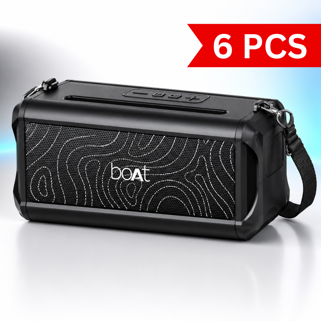 Portable 30W wireless Bluetooth speaker with rugged black body, premium fabric grille, integrated carry strap, top control buttons, Bluetooth 5.3, Spatial Audio, deep bass, and TWS stereo pairing for indoor and outdoor use.