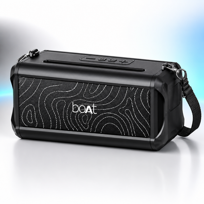 Portable 30W wireless Bluetooth speaker with rugged black body, premium fabric grille, integrated carry strap, top control buttons, Bluetooth 5.3, Spatial Audio, deep bass, and TWS stereo pairing for indoor and outdoor use.