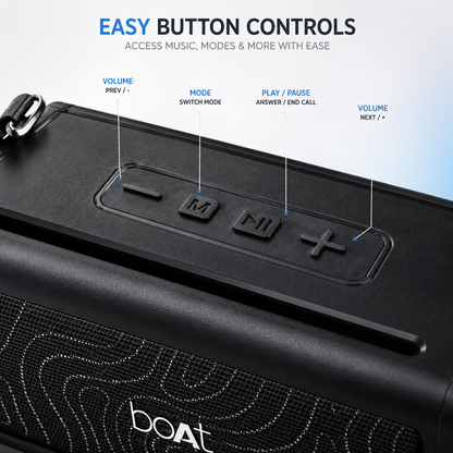 Close-up of the top control panel on a portable Bluetooth speaker showing volume down, mode, play/pause, and volume up buttons with labels for music playback, call controls, and mode switching.