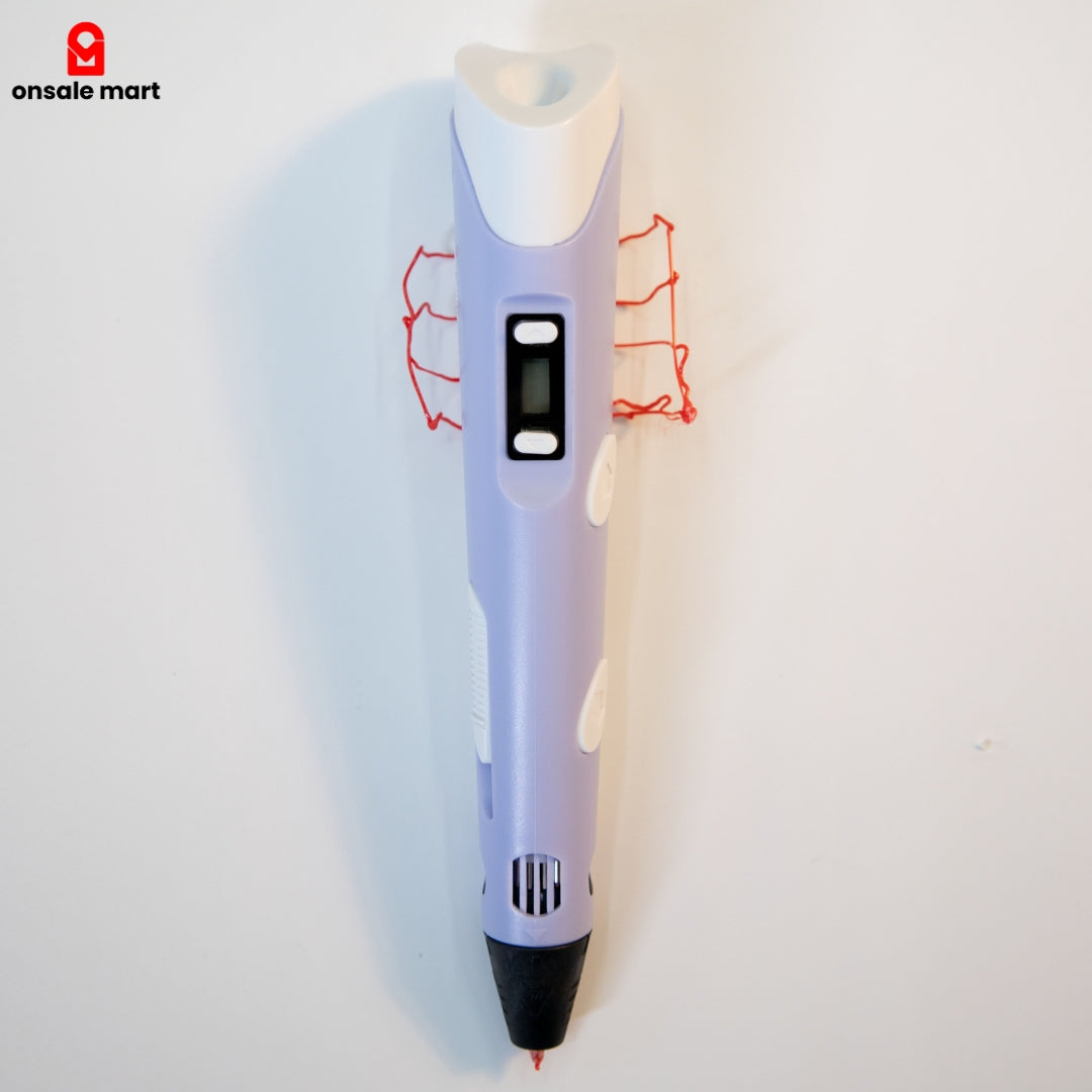 Top view of 3D printing pen with LCD display and control buttons for temperature and speed adjustment