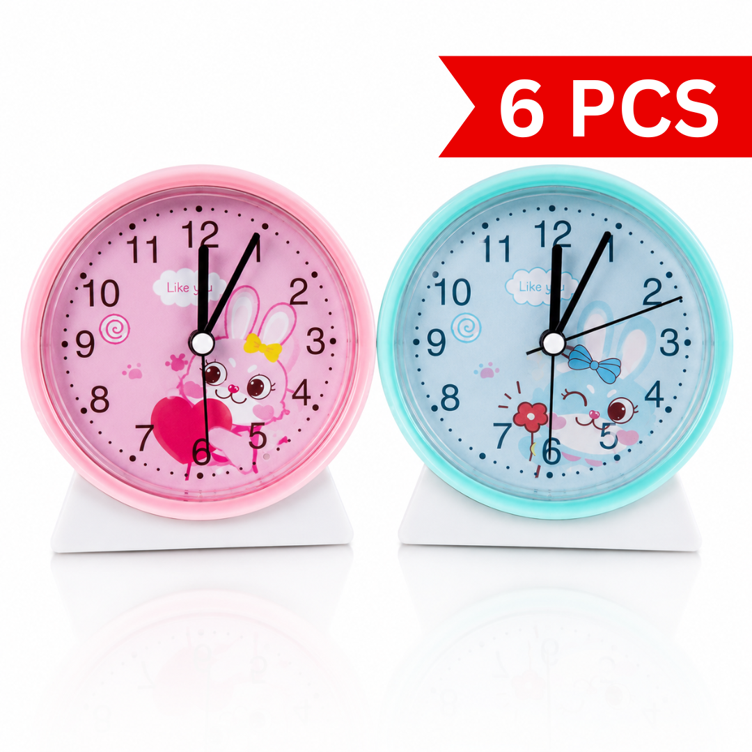 Cute pink and blue bunny analog alarm clocks with easy-to-read numbers and sturdy stands.