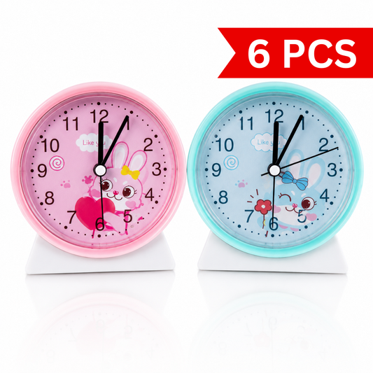 Cute pink and blue bunny analog alarm clocks with easy-to-read numbers and sturdy stands.