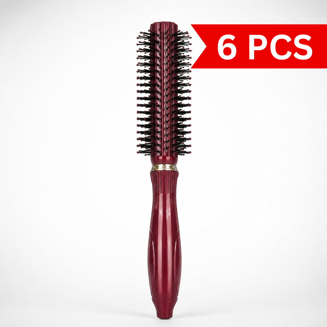 Round barrel hair styling brush with red handle and ventilated bristles for blow dry styling
