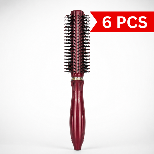 Round barrel hair styling brush with red handle and ventilated bristles for blow dry styling