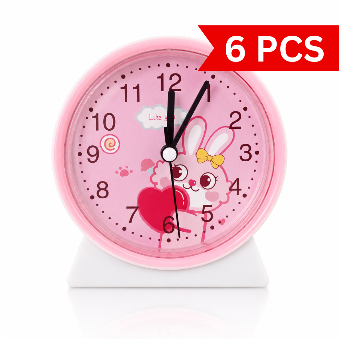 Pink bunny children's analog alarm clock featuring bold numbers and an adorable heart design.