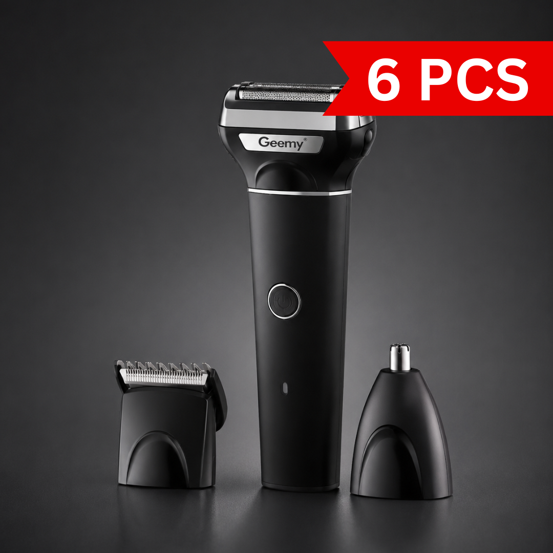 Rechargeable 3 in 1 men's grooming kit with electric foil shaver, hair clipper attachment and nose trimmer displayed together