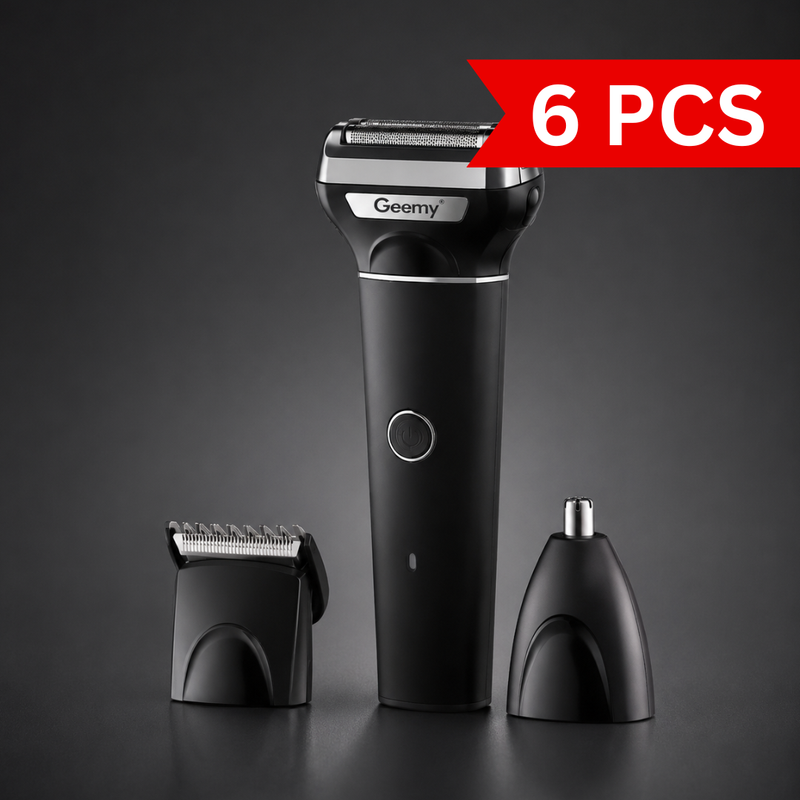 Rechargeable 3 in 1 men's grooming kit with electric foil shaver, hair clipper attachment and nose trimmer displayed together