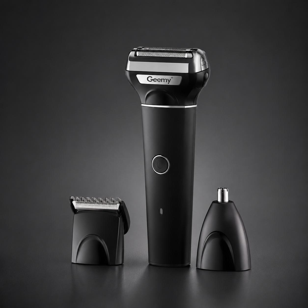 Rechargeable 3 in 1 men's grooming kit with electric foil shaver, hair clipper attachment and nose trimmer displayed together