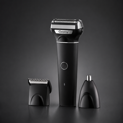 Rechargeable 3 in 1 men's grooming kit with electric foil shaver, hair clipper attachment and nose trimmer displayed together
