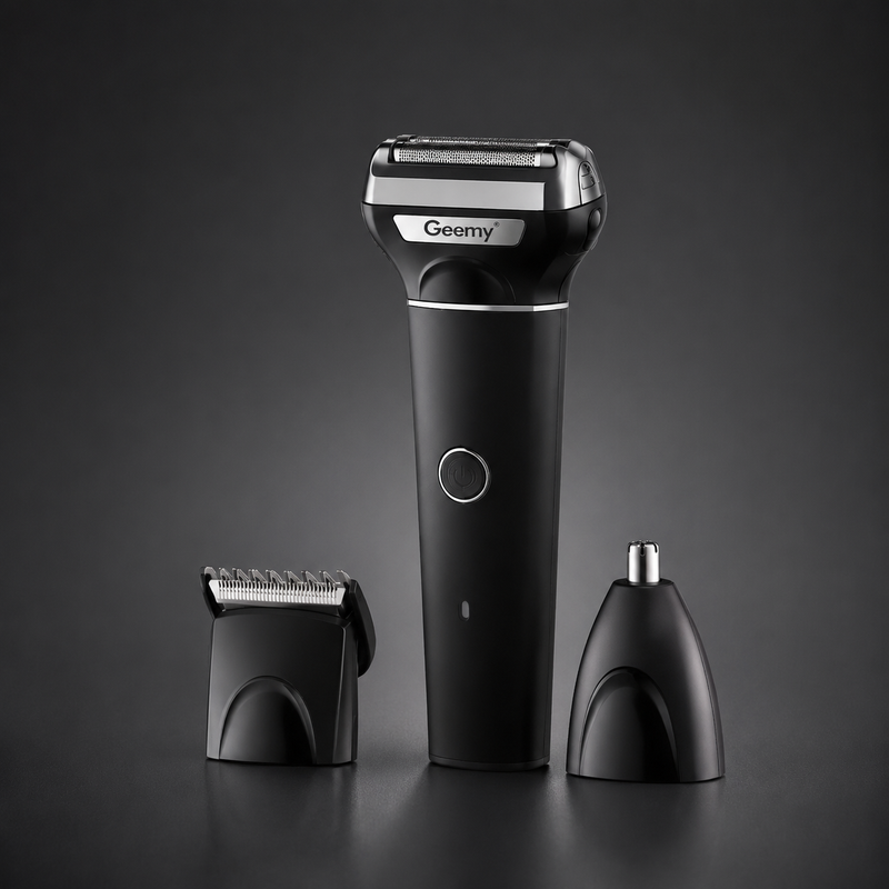 Rechargeable 3 in 1 men's grooming kit with electric foil shaver, hair clipper attachment and nose trimmer displayed together