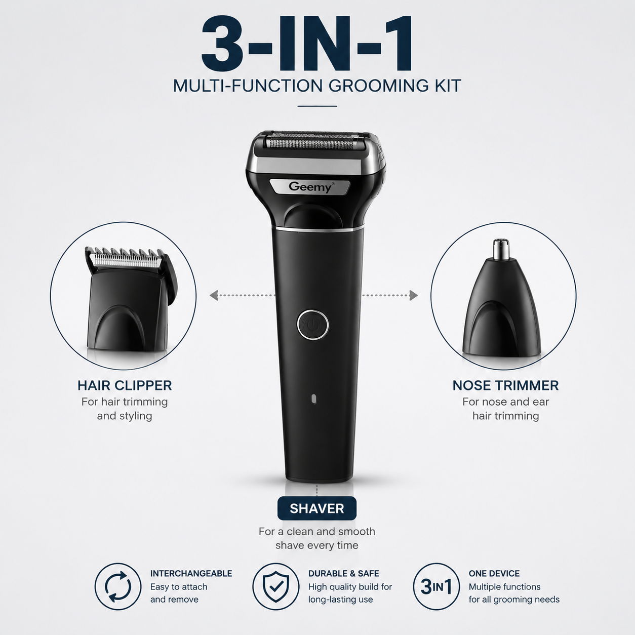 Infographic showcasing a 3 in 1 rechargeable grooming kit with interchangeable foil shaver, hair clipper and nose trimmer attachments, highlighting versatile grooming functions.