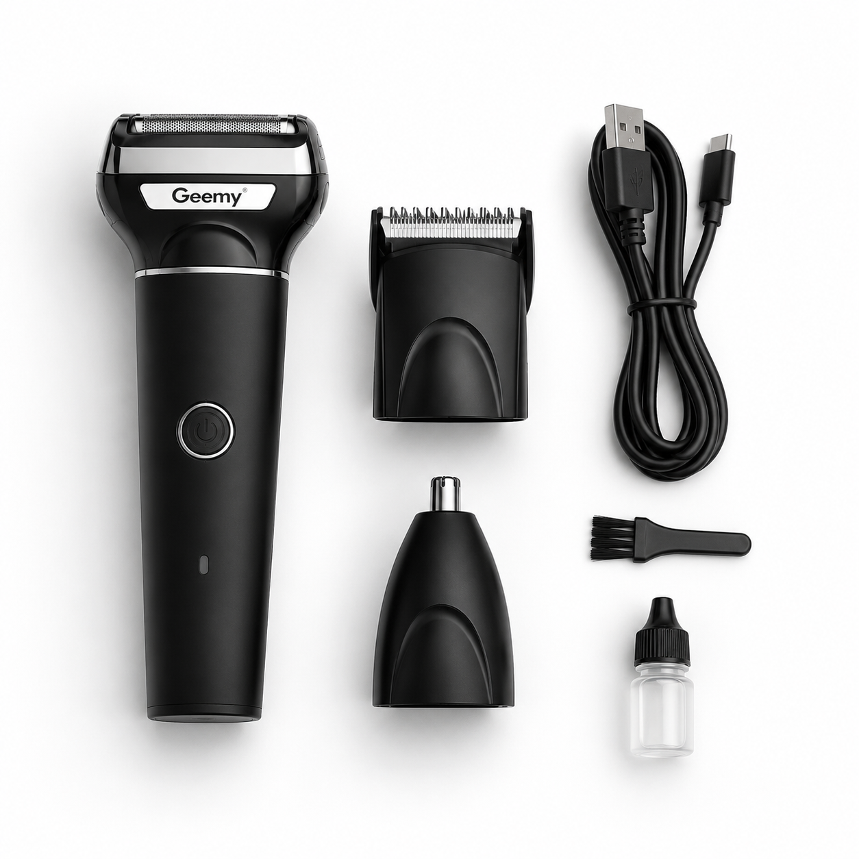 Rechargeable 3 in 1 electric shaver and trimmer kit with foil shaver, hair clipper attachment, nose trimmer, USB charging cable, cleaning brush and lubricating oil arranged