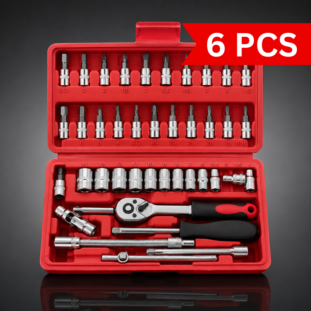 46 Pcs Ratchet Repair Tool Set open storage case with ratchet wrench, metric sockets, extension bars and screwdriver bits, professional mechanic tool kit
