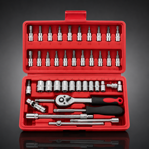 46 Pcs Ratchet Repair Tool Set open storage case with ratchet wrench, metric sockets, extension bars and screwdriver bits, professional mechanic tool kit