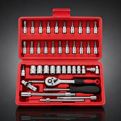46 Pcs Ratchet Repair Tool Set open storage case with ratchet wrench, metric sockets, extension bars and screwdriver bits, professional mechanic tool kit