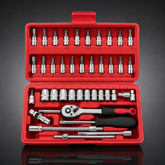 46 Pcs Ratchet Repair Tool Set open storage case with ratchet wrench, metric sockets, extension bars and screwdriver bits, professional mechanic tool kit