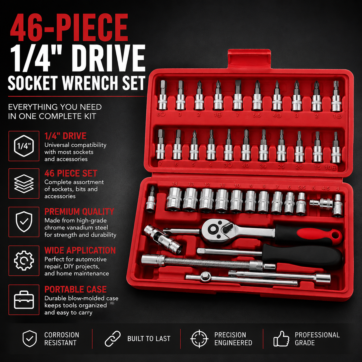 46 Pcs Ratchet Repair Tool Set complete socket wrench kit with ratchet, bits and extensions, portable storage case, DIY and automotive repair tools