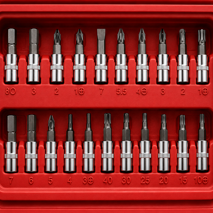 46 Pcs Ratchet Repair Tool Set precision screwdriver bits and socket adapters arranged in red organizer case, multifunction repair tool kit
