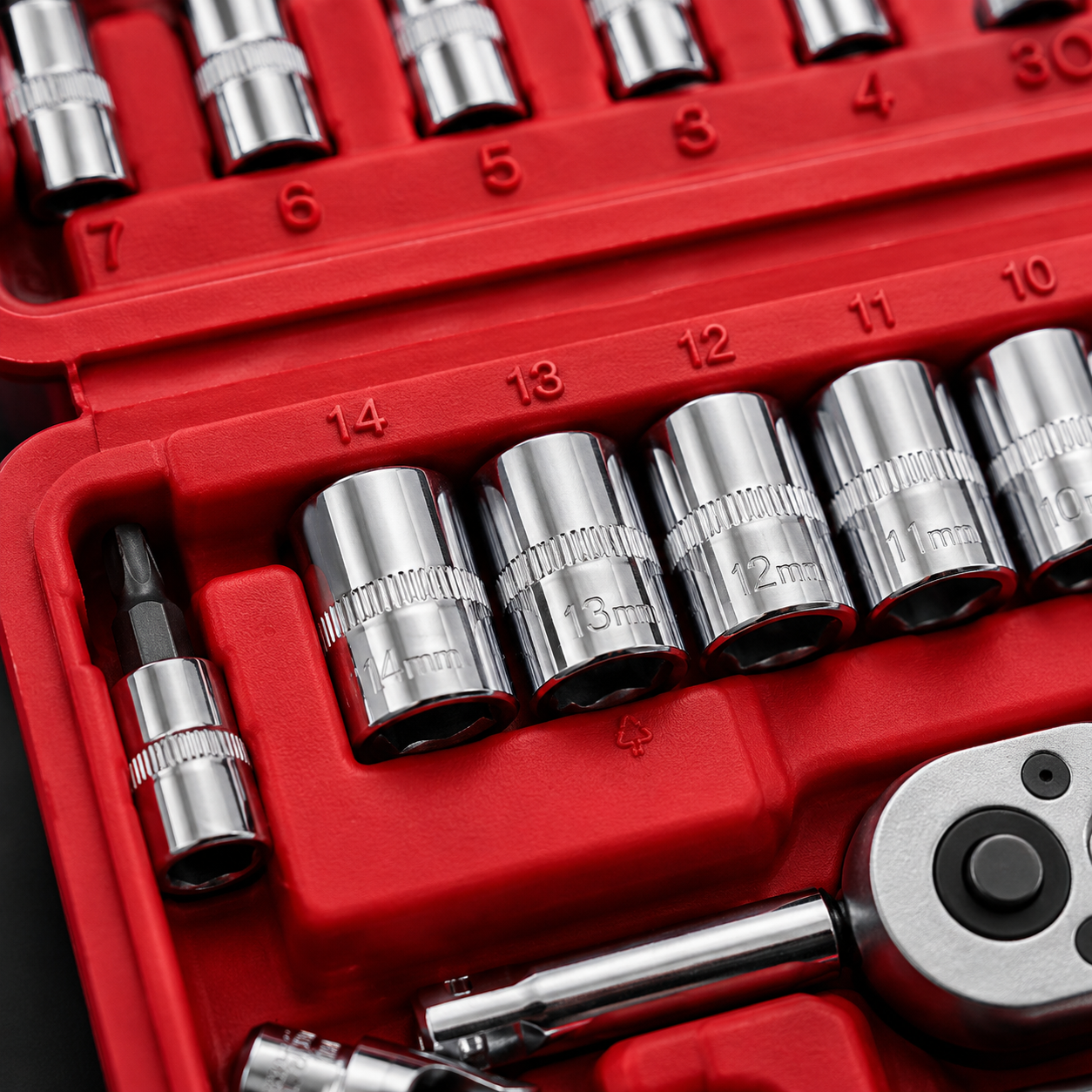 46 Pcs Ratchet Repair Tool Set chrome sockets organized in red carrying case, engraved metric socket sizes, automotive repair tool kit
