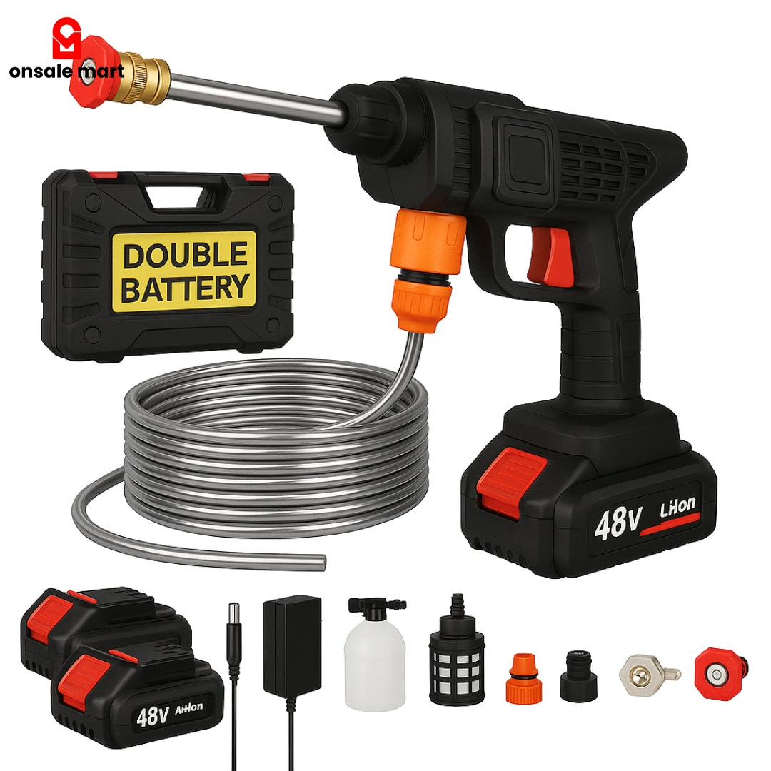 Complete 48V cordless pressure washer kit featuring double battery, hose, spray gun, foam bottle, inlet filter, charger, and nozzles