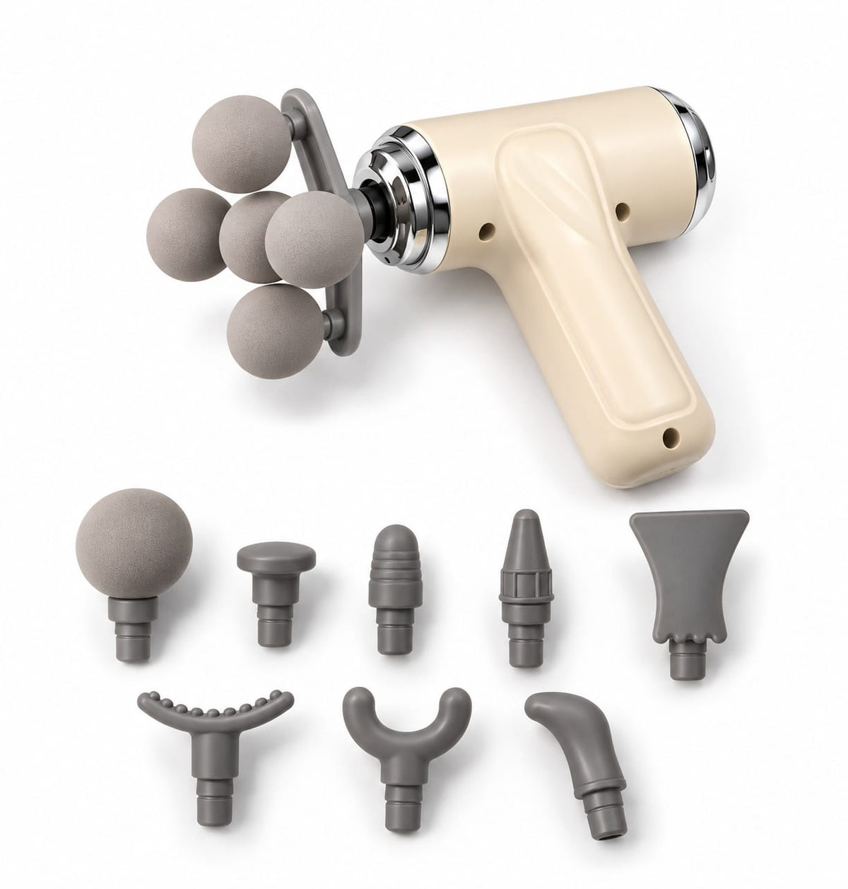 Cordless professional massage gun with five-ball attachment being held in one hand.