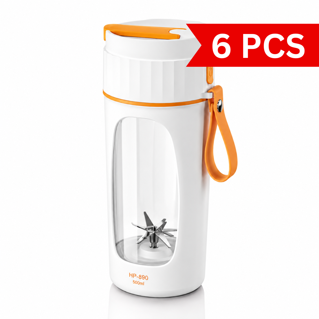 Portable 500ml USB rechargeable juicer blender with transparent blending chamber, stainless steel blades, orange carry strap, and compact travel-friendly design